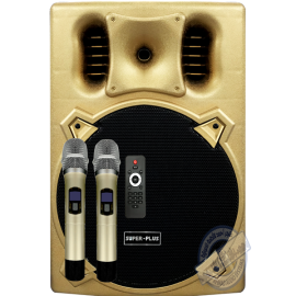   SUPER-PLUS MT-15 Portable PA System سماعة متنقلة من سوبر بلس مقاس 15انش  بقوة 1200وات لون ذهبي مع 2لاقط لاسلكي يدوي و بلوتوث و يواس بي جودة عالية 